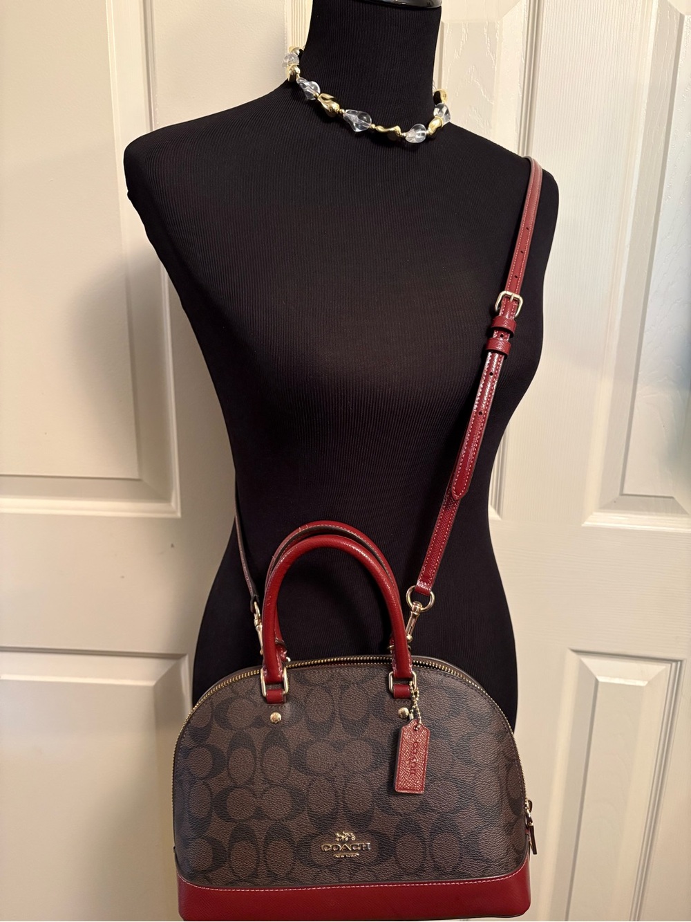 Coach Brown Signature Dome Satchel with Burgundy Trim